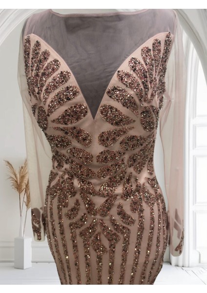 Özel Gün Nişan Söz Balo Taşlı Simli Payetli Tül Detay Özel Tasarım Balık Uzun Abiye Pudra Pembe modelleri