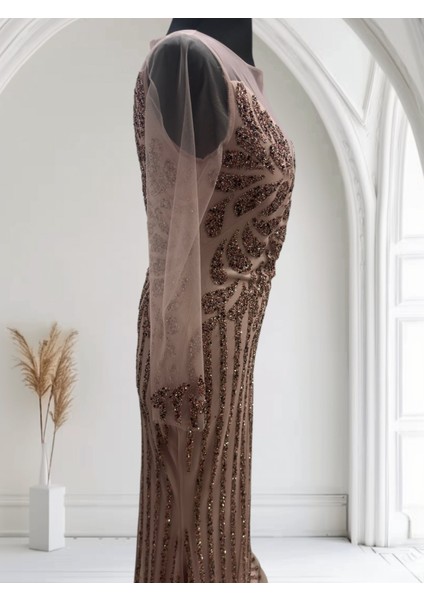Özel Gün Nişan Söz Balo Taşlı Simli Payetli Tül Detay Özel Tasarım Balık Uzun Abiye Pudra Pembe fırsatları