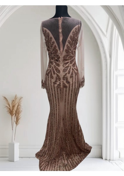 Özel Gün Nişan Söz Balo Taşlı Simli Payetli Tül Detay Özel Tasarım Balık Uzun Abiye Pudra Pembe indirimleri