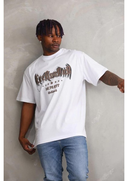 Unisex Baskılı Oversize T-Shirt - Beyaz