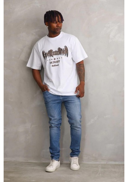 Unisex Baskılı Oversize T-Shirt - Beyaz fırsatları