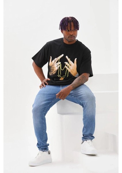 Unisex Baskılı Oversize T-Shirt - Siyah modelleri