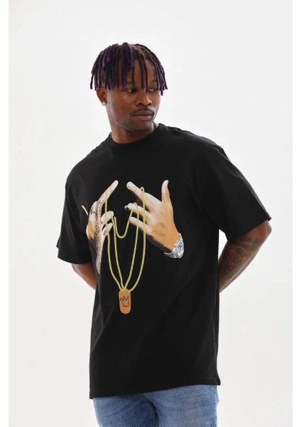 Unisex Baskılı Oversize T-Shirt - Siyah indirimleri