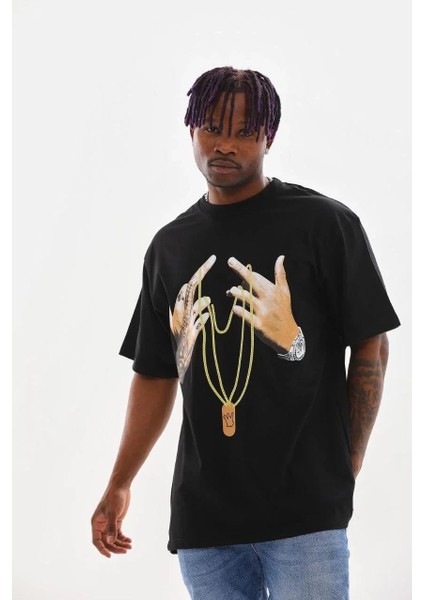 Unisex Baskılı Oversize T-Shirt - Siyah