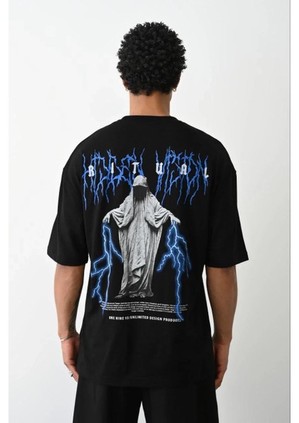 Unisex Baskılı Oversize T-Shirt - Siyah