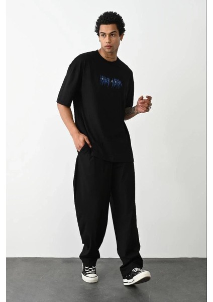 Unisex Baskılı Oversize T-Shirt - Siyah modelleri