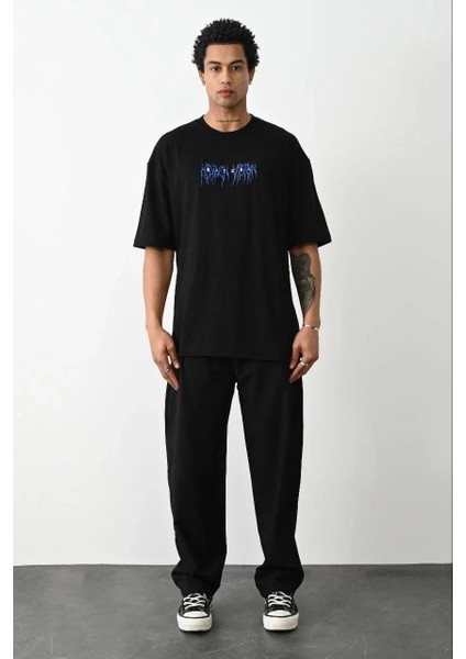 Unisex Baskılı Oversize T-Shirt - Siyah indirimleri