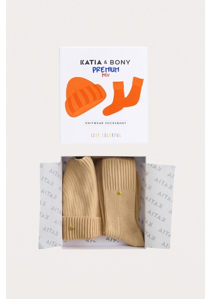 Erkek Premium Kutulu Triko Bere ve Çorap Seti Koyu Bej indirimleri