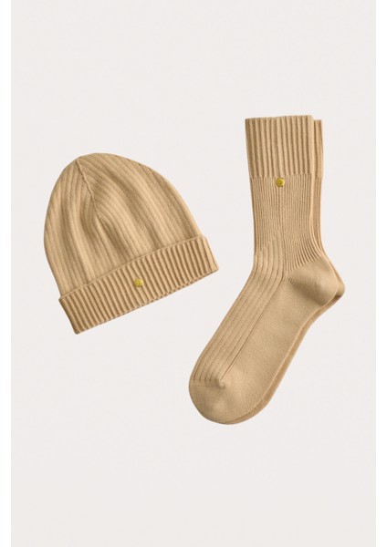 Erkek Premium Kutulu Triko Bere ve Çorap Seti Koyu Bej