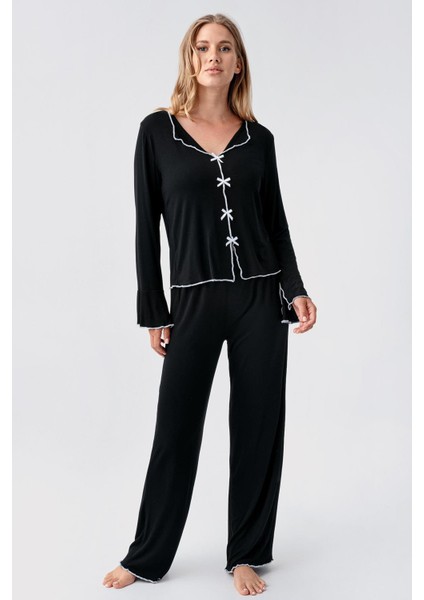 Uzun Kollu Kurdele Fiyonk Detaylı Esnek Viskoz Pijama Takım 18208
