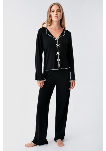 Uzun Kollu Kurdele Fiyonk Detaylı Esnek Viskoz Pijama Takım 18208 fiyatları