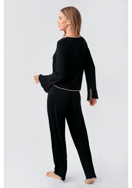 Uzun Kollu Kurdele Fiyonk Detaylı Esnek Viskoz Pijama Takım 18208 modelleri
