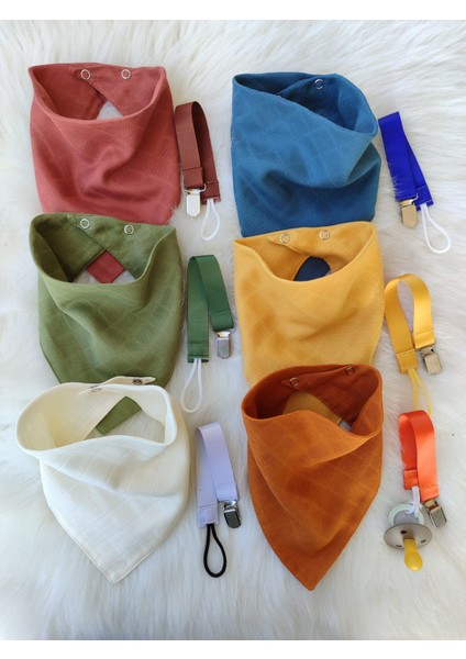 12'li Set / 6 Adet Fular, Salya Önlüğü / 6 Adet Emzik Askısı / Bebek Hediyelik modelleri