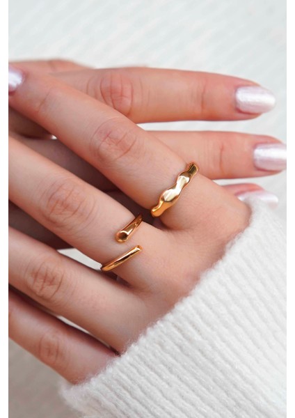 Gold Renk Dalgalı ve Açık Uçlu 2'li Kadın Yüzük Seti