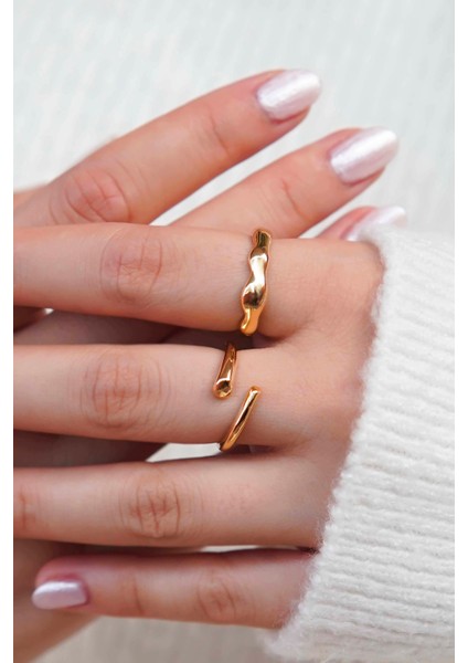 Gold Renk Dalgalı ve Açık Uçlu 2'li Kadın Yüzük Seti modelleri