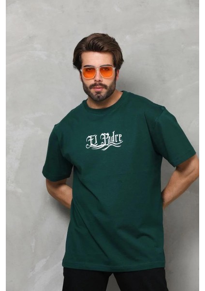 Unisex Bisiklet Yaka Baskılı Oversize T-Shirt - Siyah