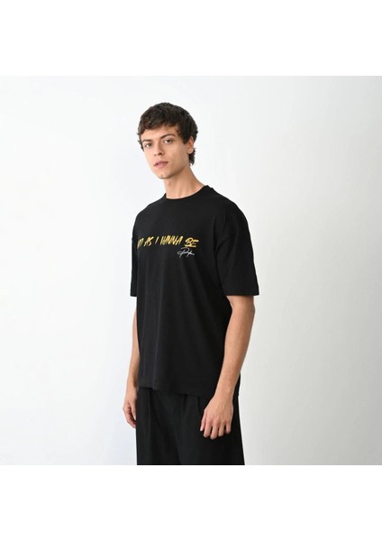 Unisex Bisiklet Yaka Baskılı Oversize T-Shirt - Siyah fiyatları