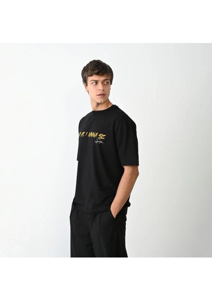 Unisex Bisiklet Yaka Baskılı Oversize T-Shirt - Siyah modelleri