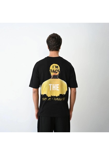 Unisex Bisiklet Yaka Baskılı Oversize T-Shirt - Siyah fırsatları