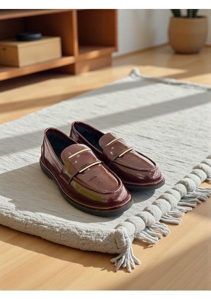 R40224 Bordo Rugan Hakiki Deri Tam Ortopedik Kadın Casual Günlük Ayakkabı