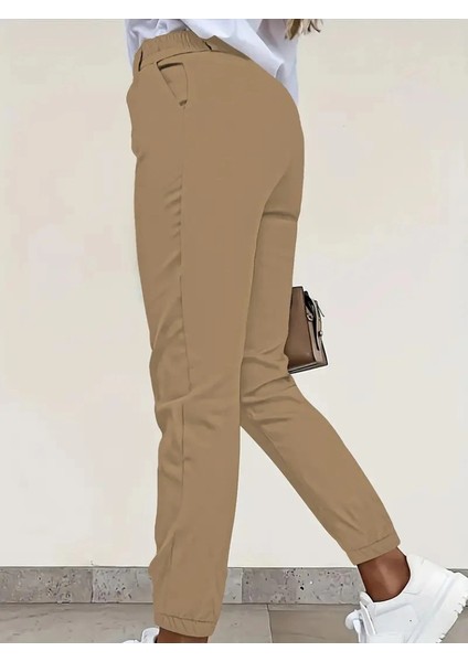 Kadın Yüksek Bel Önden Düğmeli Cepli Bilek Lastik Detay Atlas Pantolon modelleri