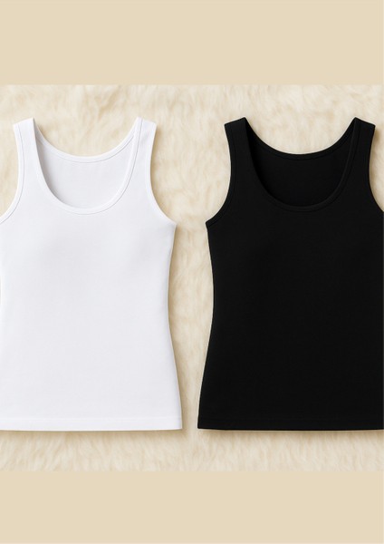 Kadın Giyim Kalın Askılı Modal & Pamuklu 2 Adet Siyah - Beyaz Atlet LL.K66.O012.001