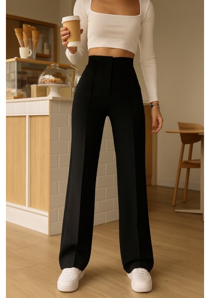 Palazzo Pantolon Oversize Kesim Likralı Yüksek Bel Kadın Siyah Pantolon