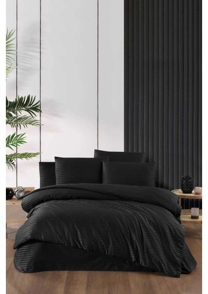 Stripe Saten Line Çift Kişilik Nevresim Takımı Siyah