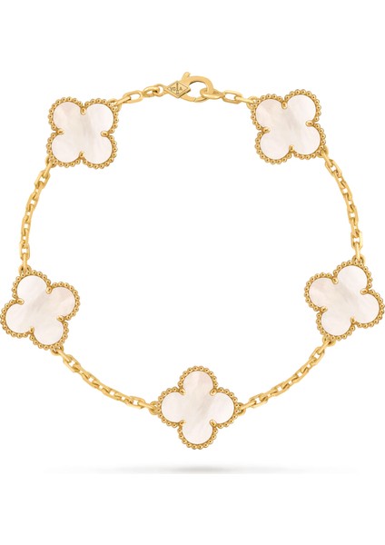 Van Cleef & Arpels Vintage Alhambra Bileklik, 5 Motif Yonca, Beyaz Sedef 925 Ayar Gümüş