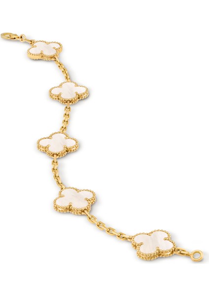 Van Cleef & Arpels Vintage Alhambra Bileklik, 5 Motif Yonca, Beyaz Sedef 925 Ayar Gümüş fırsatları