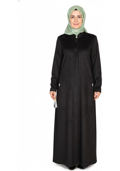 Hesna Kadın Serez Büyük Beden Süet Yanı Cepli Kışlık Siyah Pardesü