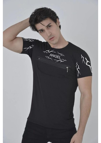 Unisex Göğüs Fermuarlı Baskılı T-Shirt - Siyah