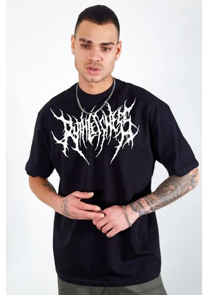 Unisex Bisiklet Yaka Baskılı Oversize T-Shirt - Siyah