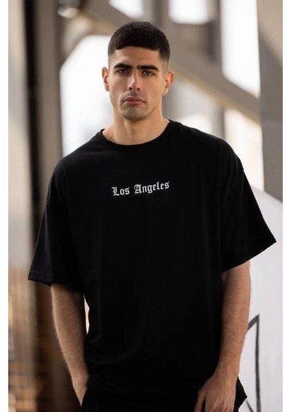 Unisex Bisiklet Yaka Baskılı Oversize T-Shirt - Siyah