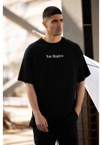 Unisex Bisiklet Yaka Baskılı Oversize T-Shirt - Siyah fiyatları