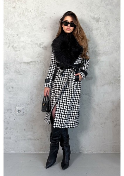 Kadın Yaka Kürklü Kazayağı Uzun Kaban