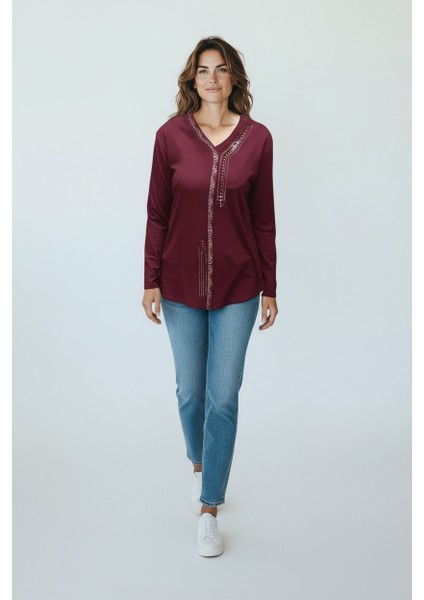 Kadın Önü Kapalı Düğme Detaylı Taşlı Nergis Mevsimlik Bluz