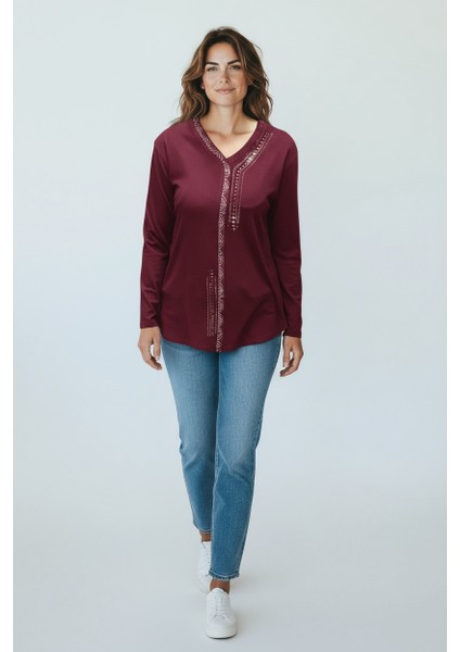 Kadın Önü Kapalı Düğme Detaylı Taşlı Nergis Mevsimlik Bluz fiyatları