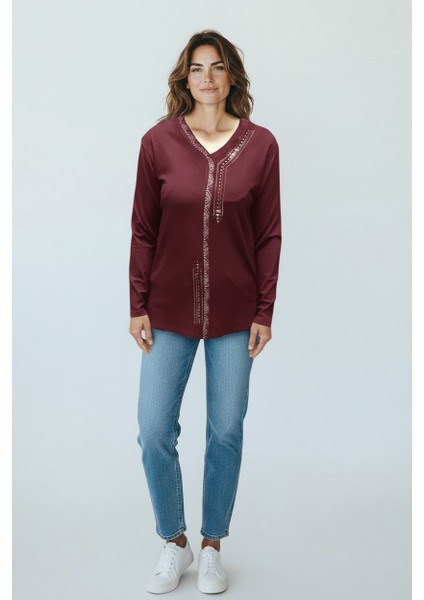 Kadın Önü Kapalı Düğme Detaylı Taşlı Nergis Mevsimlik Bluz modelleri