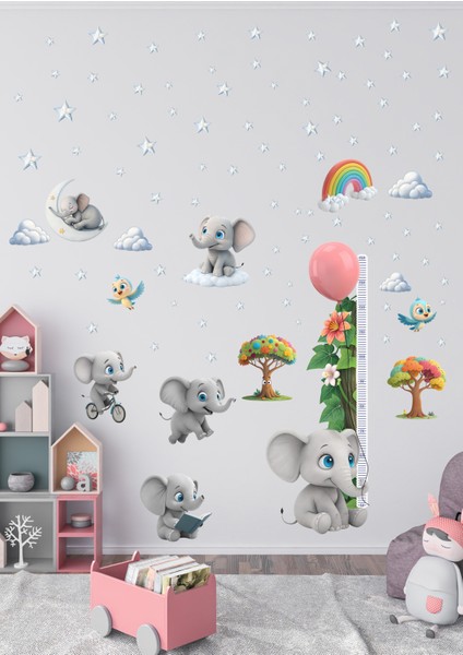 Fil Temalı Boy Ölçerli Duvar Sticker Seti | Çocuk Odası Dekoru | Mat Yüzey, Kolay Uygulama, Sökülebilir