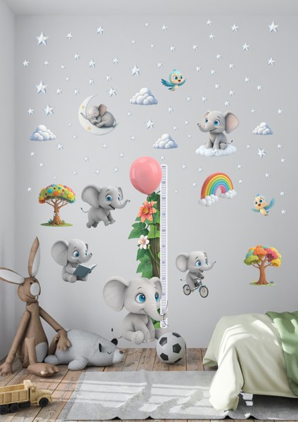 Fil Temalı Boy Ölçerli Duvar Sticker Seti | Çocuk Odası Dekoru | Mat Yüzey, Kolay Uygulama, Sökülebilir fiyatları