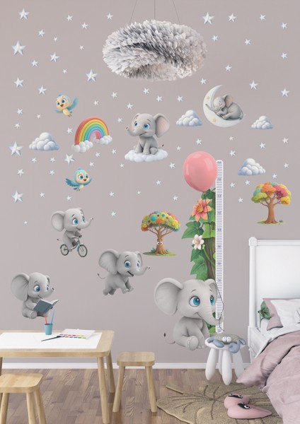 Fil Temalı Boy Ölçerli Duvar Sticker Seti | Çocuk Odası Dekoru | Mat Yüzey, Kolay Uygulama, Sökülebilir modelleri