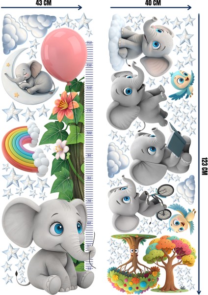 Fil Temalı Boy Ölçerli Duvar Sticker Seti | Çocuk Odası Dekoru | Mat Yüzey, Kolay Uygulama, Sökülebilir fırsatları