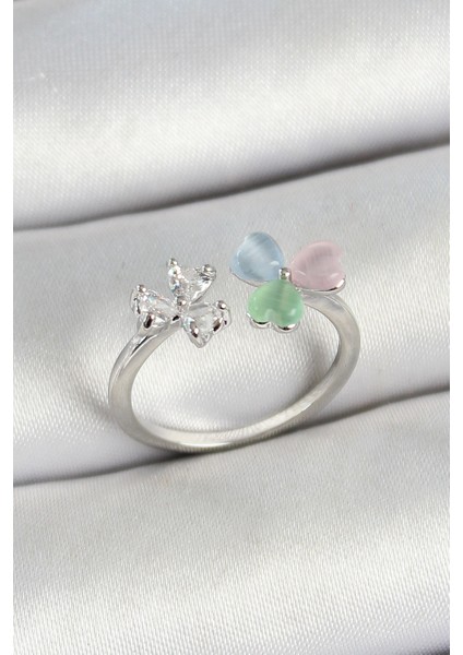 bulurum pirinç kalp figürlü zirkon taşlı gümüş renk ayarlanabilir kadın yüzük