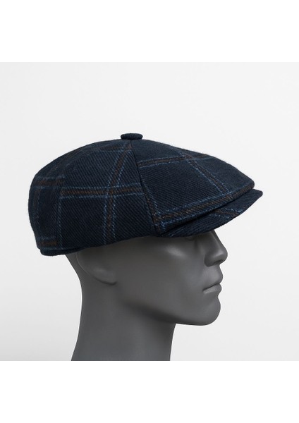 Erkek Kışlık Kaşe Kumaş Desenli Arkası Lastikli Standart Kasket Şapka (Newsboy Cap)