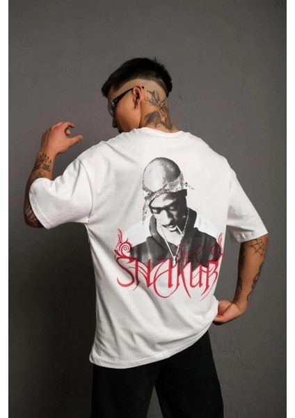 Erkek Oversize Tişört – Beyaz 24/1 Penye Kumaş, Bisiklet Yaka, Ön & Arka Baskılı, Streetwear Tarzı Rahat Büyük Kalıp T-Shirt- Beyaz