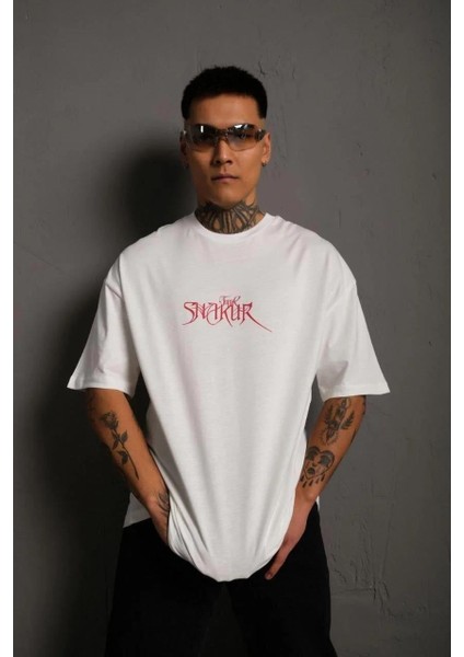 Erkek Oversize Tişört – Beyaz 24/1 Penye Kumaş, Bisiklet Yaka, Ön & Arka Baskılı, Streetwear Tarzı Rahat Büyük Kalıp T-Shirt- Beyaz fiyatları