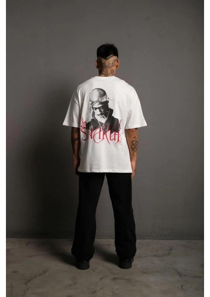 Erkek Oversize Tişört – Beyaz 24/1 Penye Kumaş, Bisiklet Yaka, Ön & Arka Baskılı, Streetwear Tarzı Rahat Büyük Kalıp T-Shirt- Beyaz modelleri