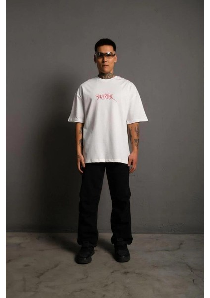 Erkek Oversize Tişört – Beyaz 24/1 Penye Kumaş, Bisiklet Yaka, Ön & Arka Baskılı, Streetwear Tarzı Rahat Büyük Kalıp T-Shirt- Beyaz fırsatları