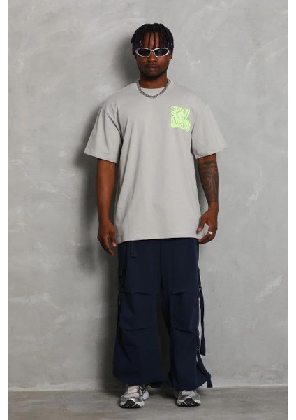 Unisex Oversize Baskılı Bisiklet Yaka T-Shirt - Gri modelleri